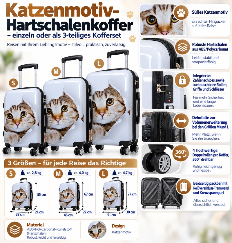 Motivkoffer Design Katze – Reisekoffer mit Motiv – Hartschale ABS/Polycarbonat – S M L – leicht & robust