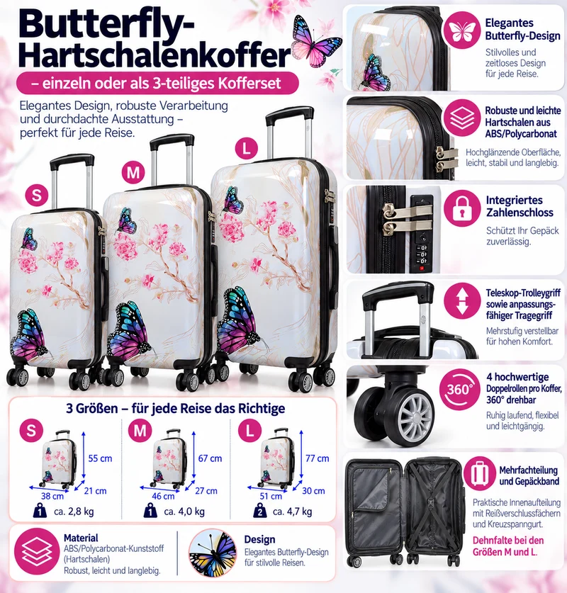Motivkoffer Design Schmetterling – Reisekoffer mit Motiv – Hartschale ABS/Polycarbonat – S M L – leicht & robust