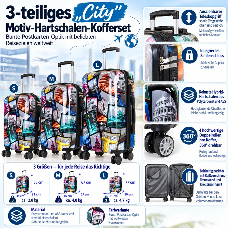 Motivkoffer Design Städtereise – Reisekoffer mit Motiv – Hartschale ABS/Polycarbonat – S M L – leicht & robust