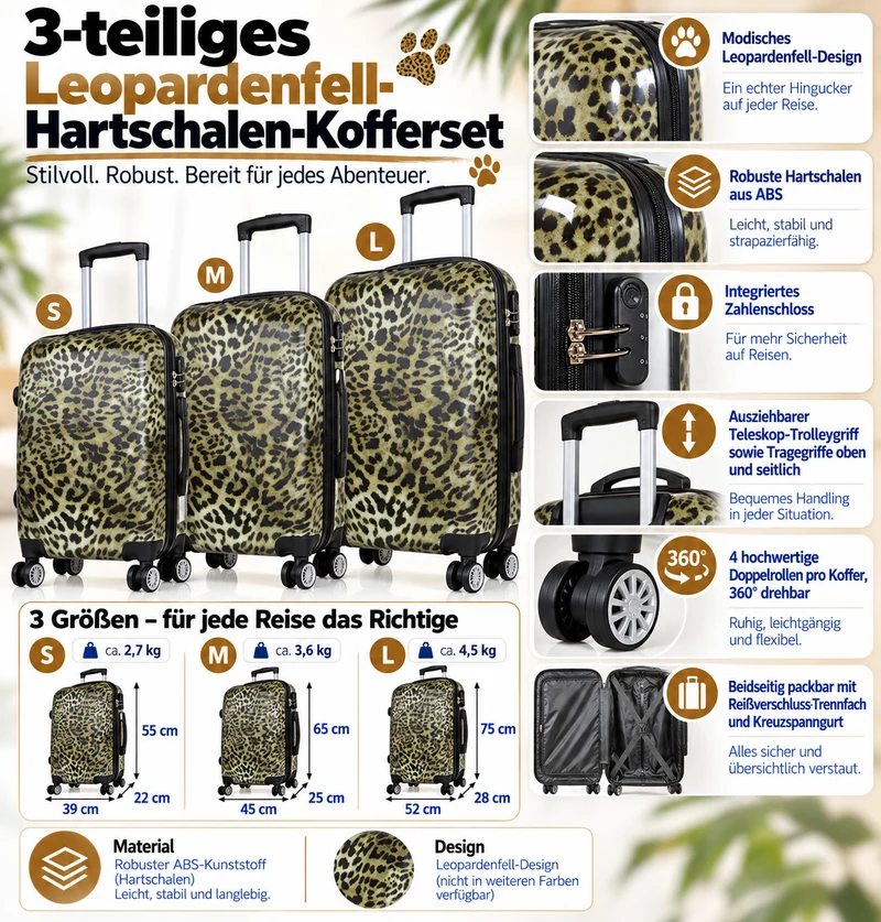 Motivkoffer Design Leopardenfell – Reisekoffer mit Motiv – Hartschale ABS – S M L – leicht & robust