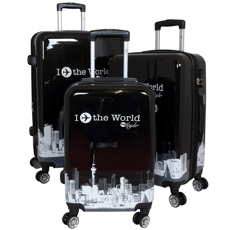 Motivkoffer Design FlyTheWorld schwarz-weiß – Reisekoffer mit Motiv – Hartschale ABS/Polycarbonat – S M L – leicht & robust