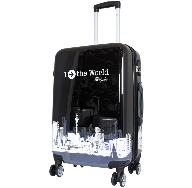 Motivkoffer Design FlyTheWorld schwarz-weiß – Reisekoffer mit Motiv – Hartschale ABS/Polycarbonat – S M L – leicht & robust