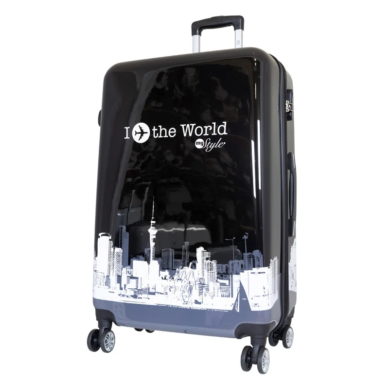 Motivkoffer Design FlyTheWorld schwarz-weiß – Reisekoffer mit Motiv – Hartschale ABS/Polycarbonat – S M L – leicht & robust