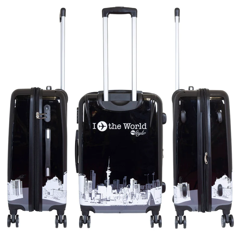 Motivkoffer Design FlyTheWorld schwarz-weiß – Reisekoffer mit Motiv – Hartschale ABS/Polycarbonat – S M L – leicht & robust