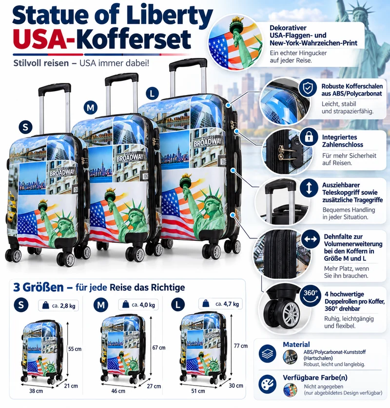 Motivkoffer Design Freiheitsstaue USA – Reisekoffer mit Motiv – Hartschale ABS/Polycarbonat – S M L – leicht & robust