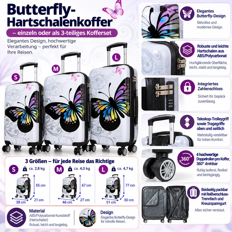 Motivkoffer Design Schmetterling – Reisekoffer mit Motiv – Hartschale ABS/Polycarbonat – S M L – leicht & robust