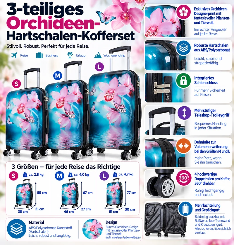 Motivkoffer Design Orchidee – Reisekoffer mit Motiv – Hartschale ABS/Polycarbonat – S M L – leicht & robust