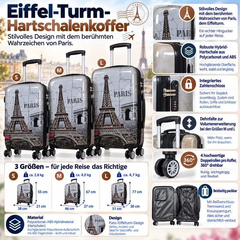 Motivkoffer Design Paris – Reisekoffer mit Motiv – Hartschale ABS/Polycarbonat – S M L – leicht & robust