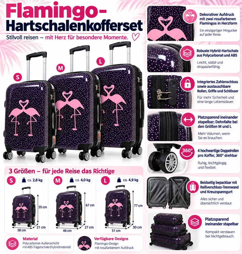 Motivkoffer Design Flamingo – Reisekoffer mit Motiv – Hartschale ABS/Polycarbonat – S M L – leicht & robust
