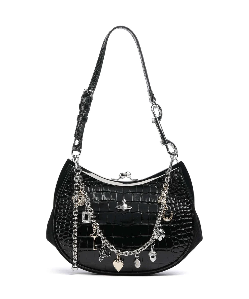 Vivienne Westwood Charm Frame Embossed Croc Schultertasche black charms