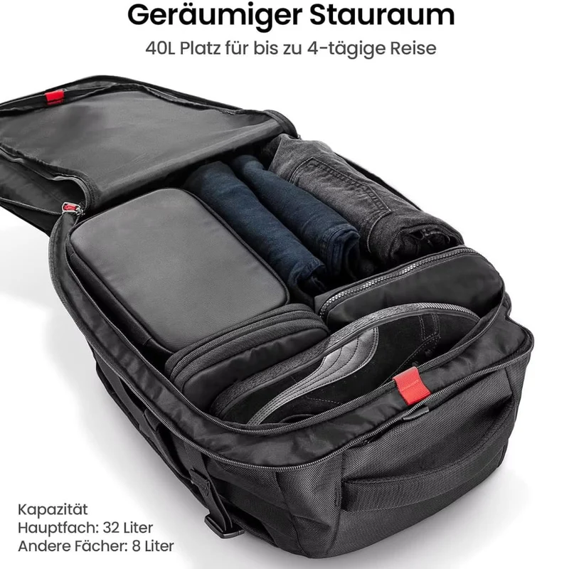Reiserucksack 40L – 52x34x23 cm, für 17" Laptop, Handgepäckformat, Kofferfach
