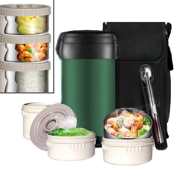 Thermos-Lunchbox – 2L, 12h Warmhaltung, 3 Edelstahl-Boxen (304), mit Tasche & Bestecketui