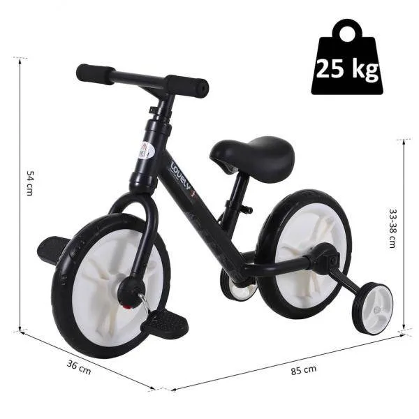 Laufrad Kinderfahrrad Lauflernrad 2-in-1 Stützräder Pedale 2-5 Jahre PP Schwarz